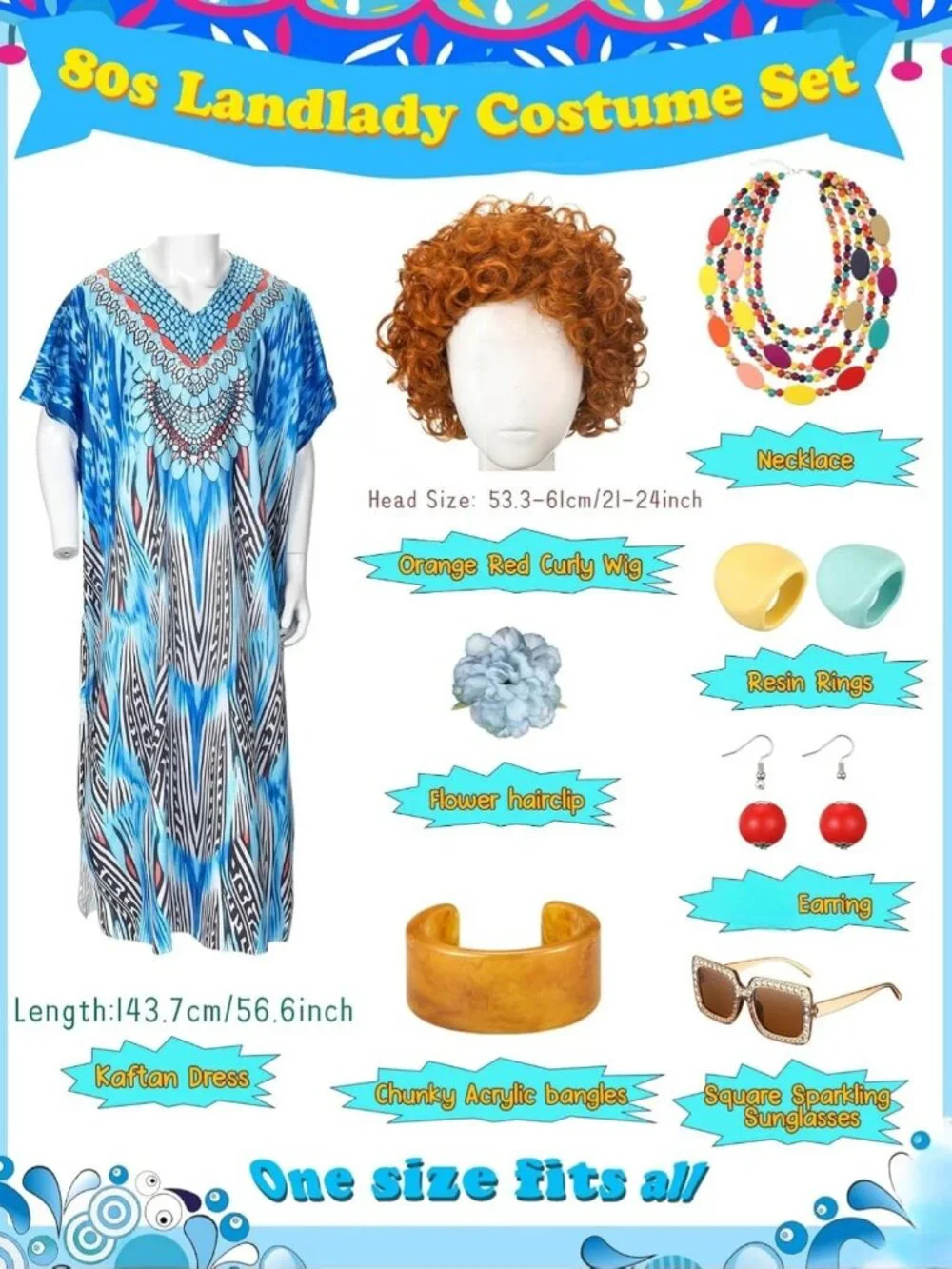 Chic Landlady Costume Set: Caftan Dress, Curly Wig, Jewelry & Sunglasses for
